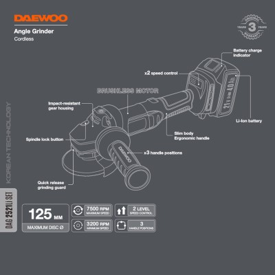 Углошлифмашина аккумуляторная DAEWOO DAG 2521Li SET Углошлифмашина аккумуляторная DAEWOO DAG 2521Li SET