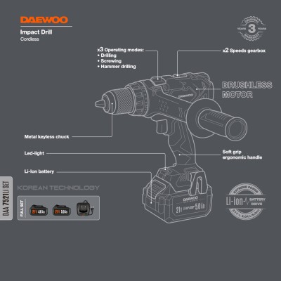 Дрель-шуруповерт ударная аккумуляторная DAEWOO DAA 7521Li SET Дрель-шуруповерт ударная аккумуляторная DAEWOO DAA 7521Li SET